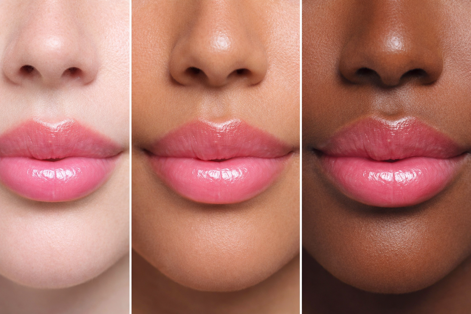 Close-up of three models with different skin tones wearing Keisha Elise Cosmetics vegan shimmer lip balm with a glossy pink finish