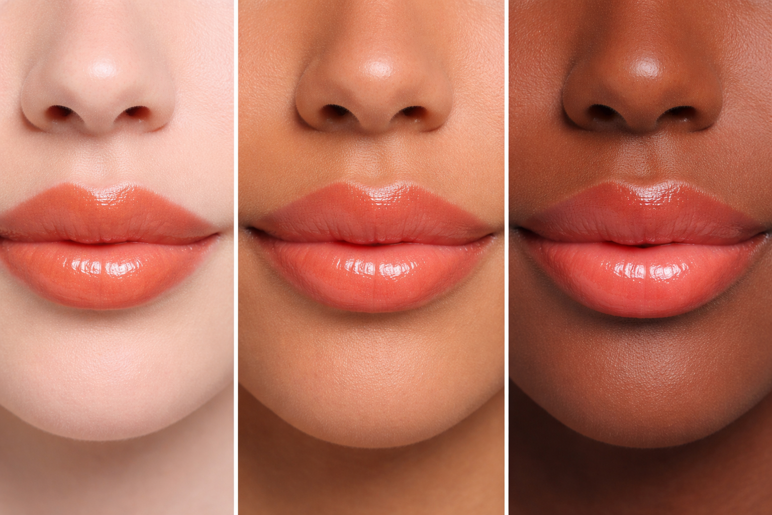 Close-up of three models with different skin tones wearing Keisha Elise Cosmetics vegan shimmer lip balm with a glossy peach finish